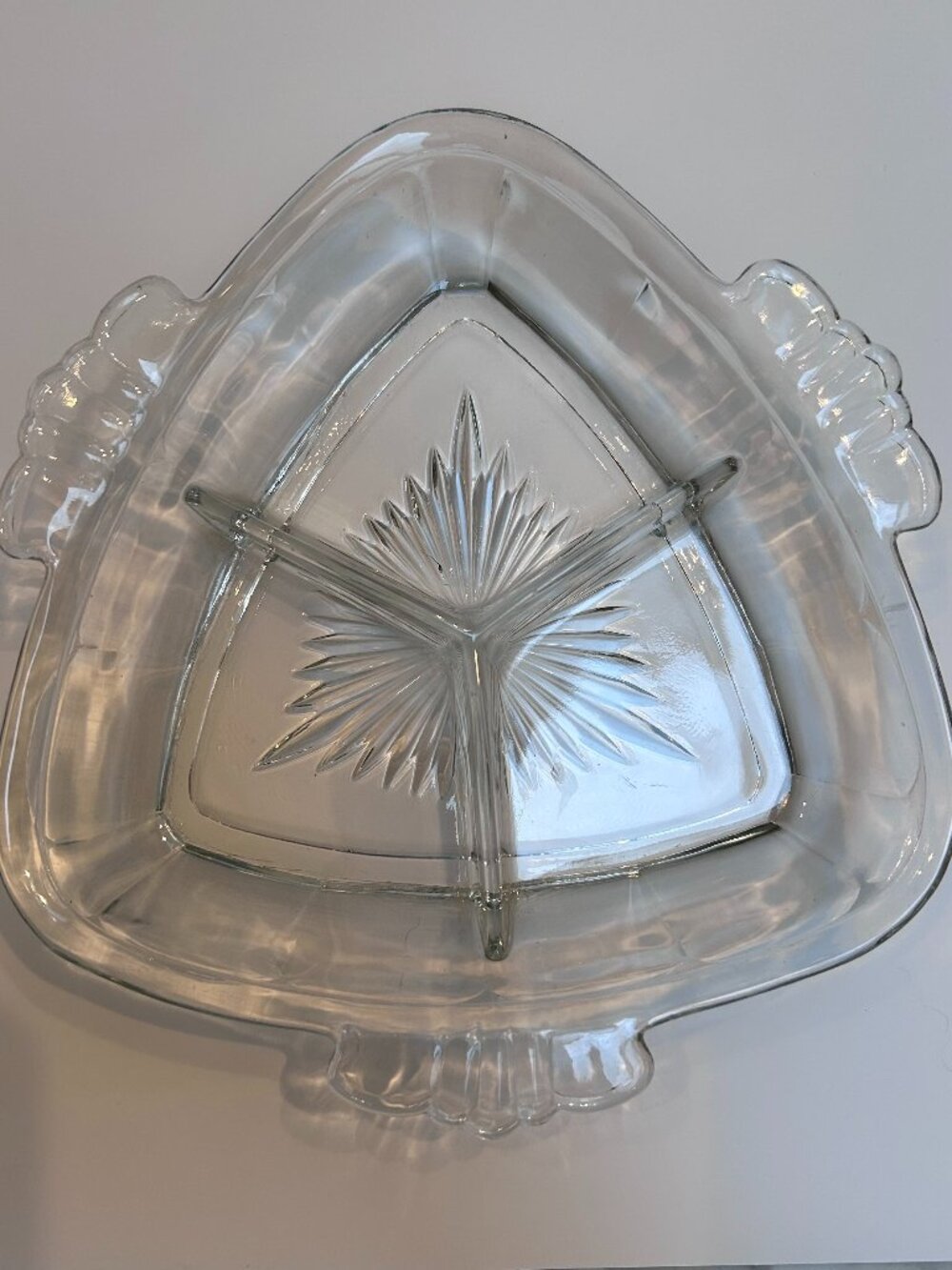 Vintage Mid-Century Modern 7" Clear Pressed Glass Tricorn Relish Dish W/ Handles